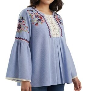 Jennifer Grace Women Striped Embroidered Long Bell Sleeve Blouse Top Size XL